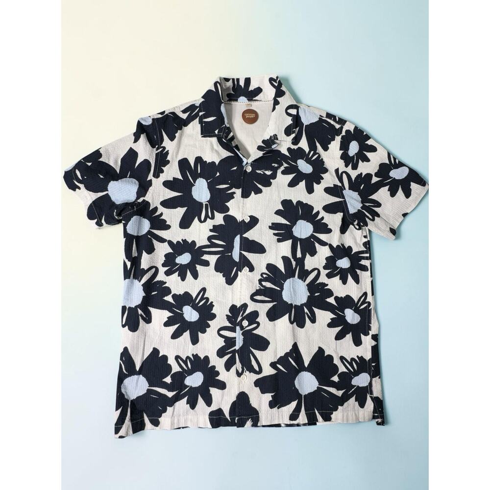Common People Shirt Mens Medium Blue White Floral Button Up Short Sleeve